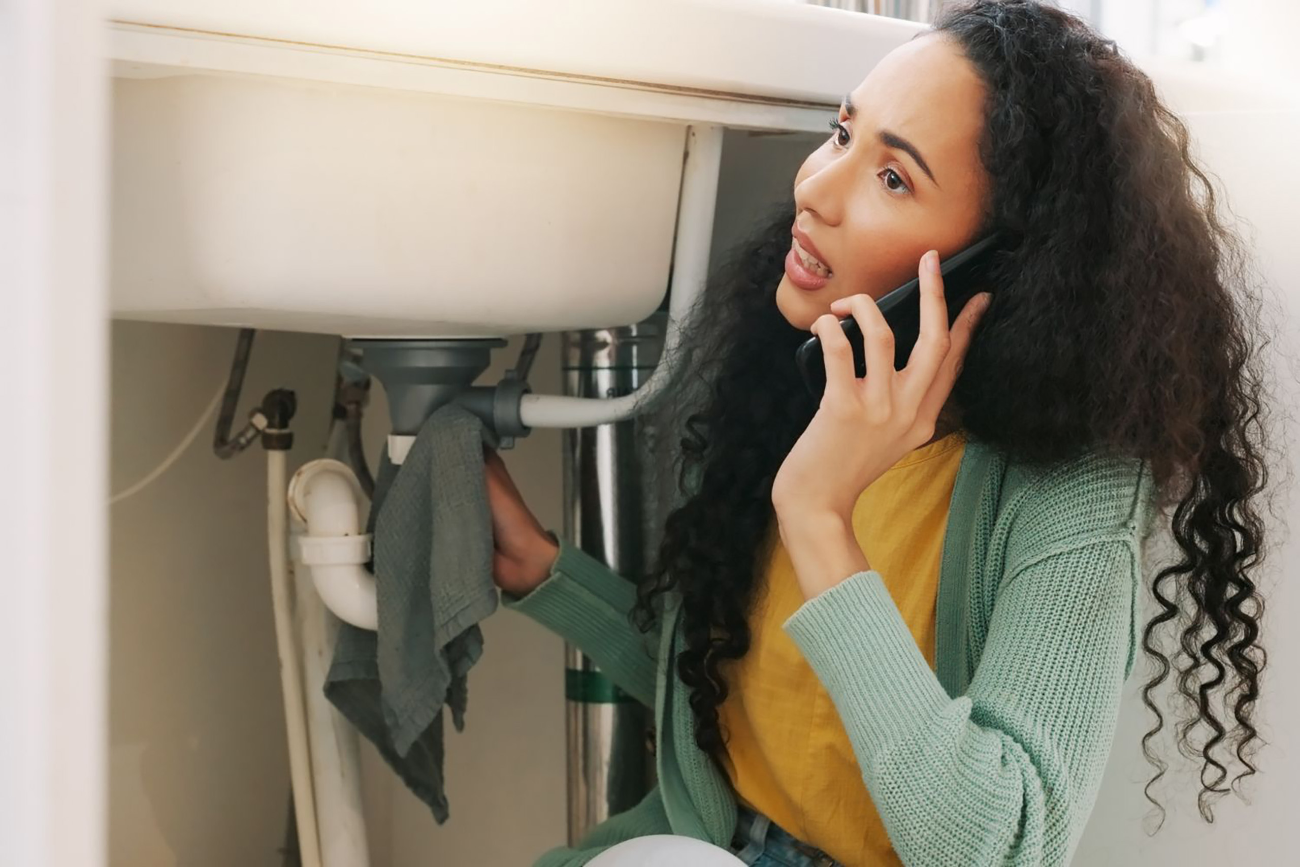 Woman with dark curly hair holding a rag against plumbing under her sink, while on the phone